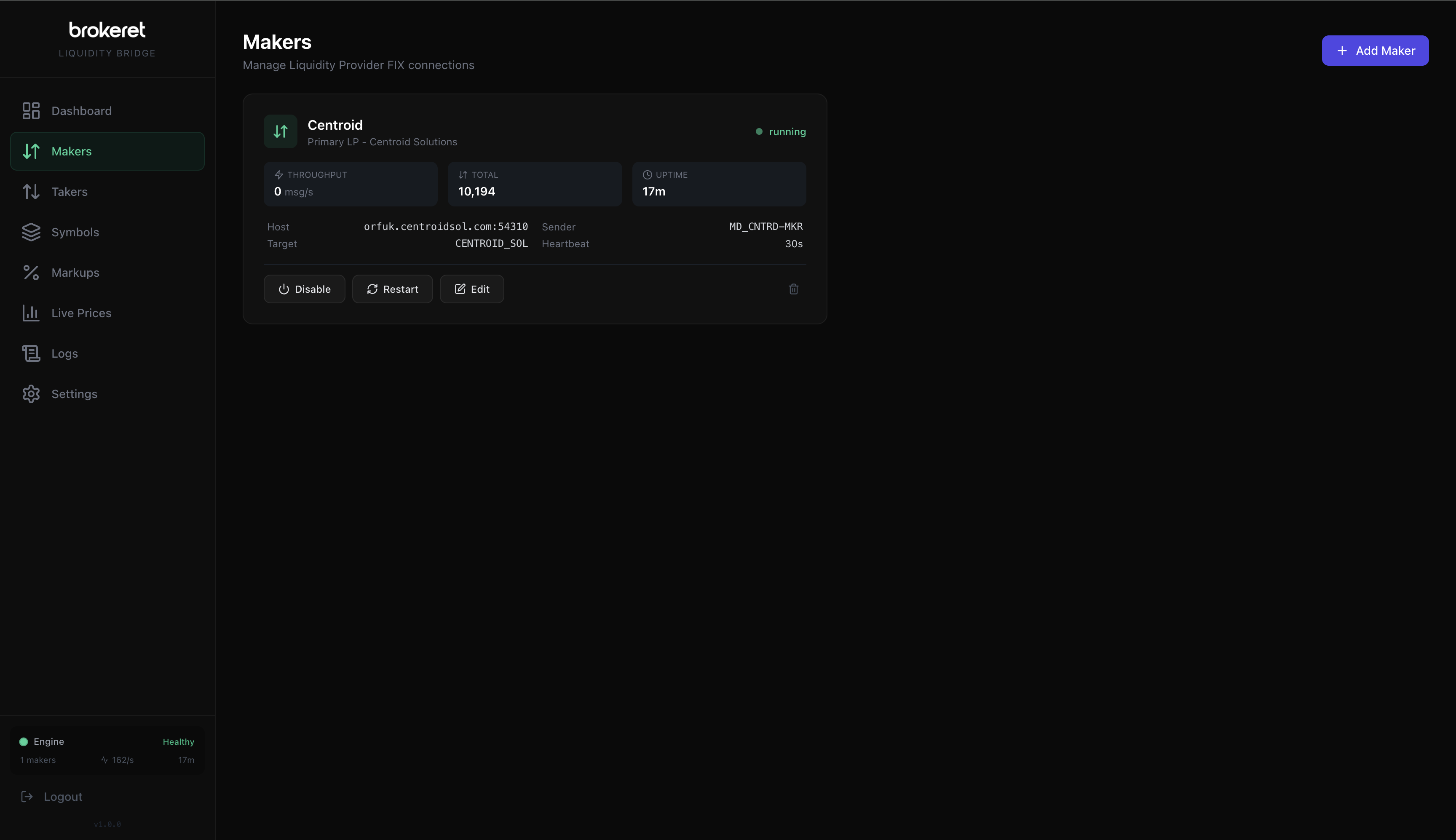 XiroLink Makers panel showing connected liquidity providers