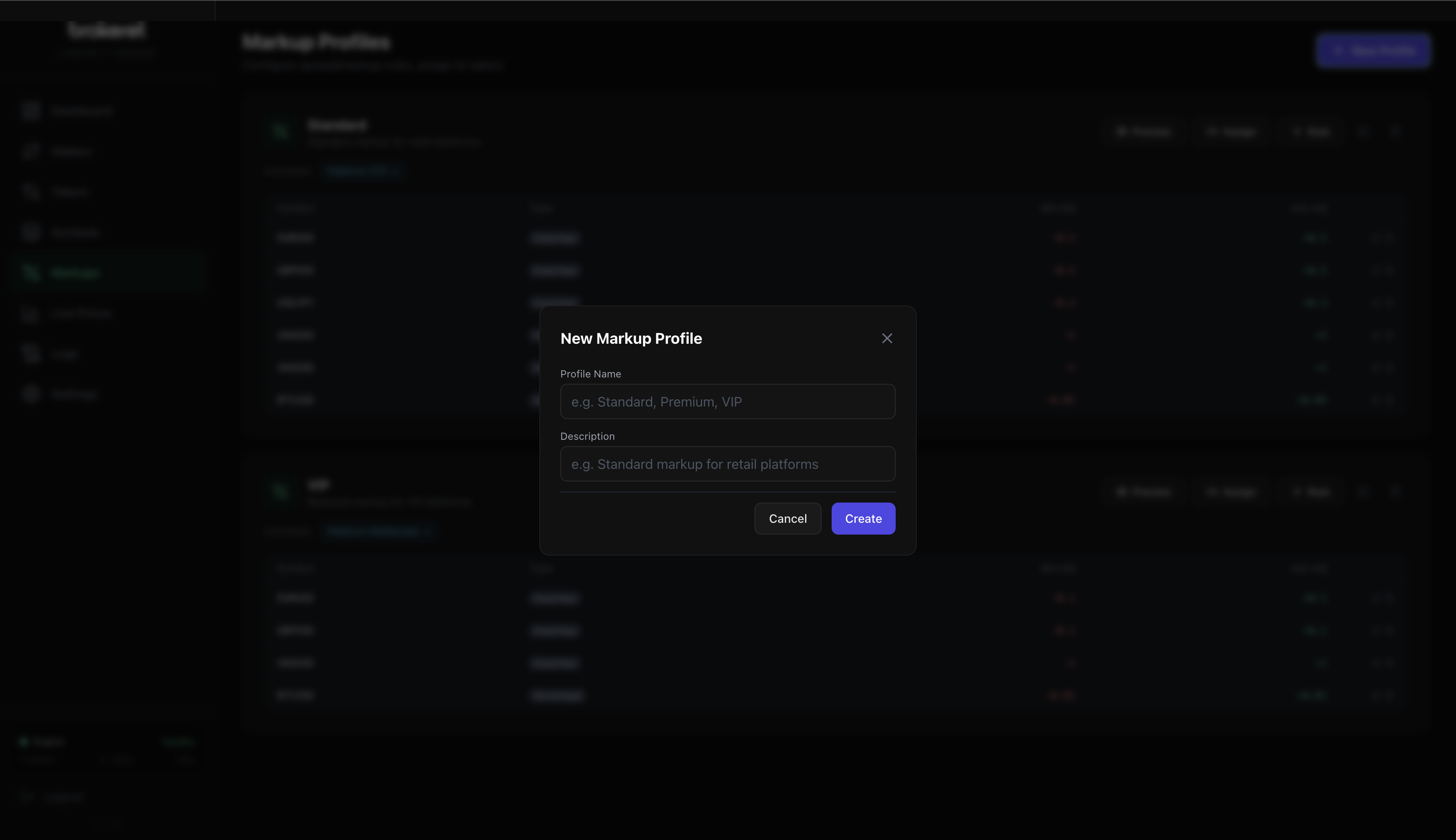 XiroLink New Markup Profile — create a new markup profile with per-symbol rules
