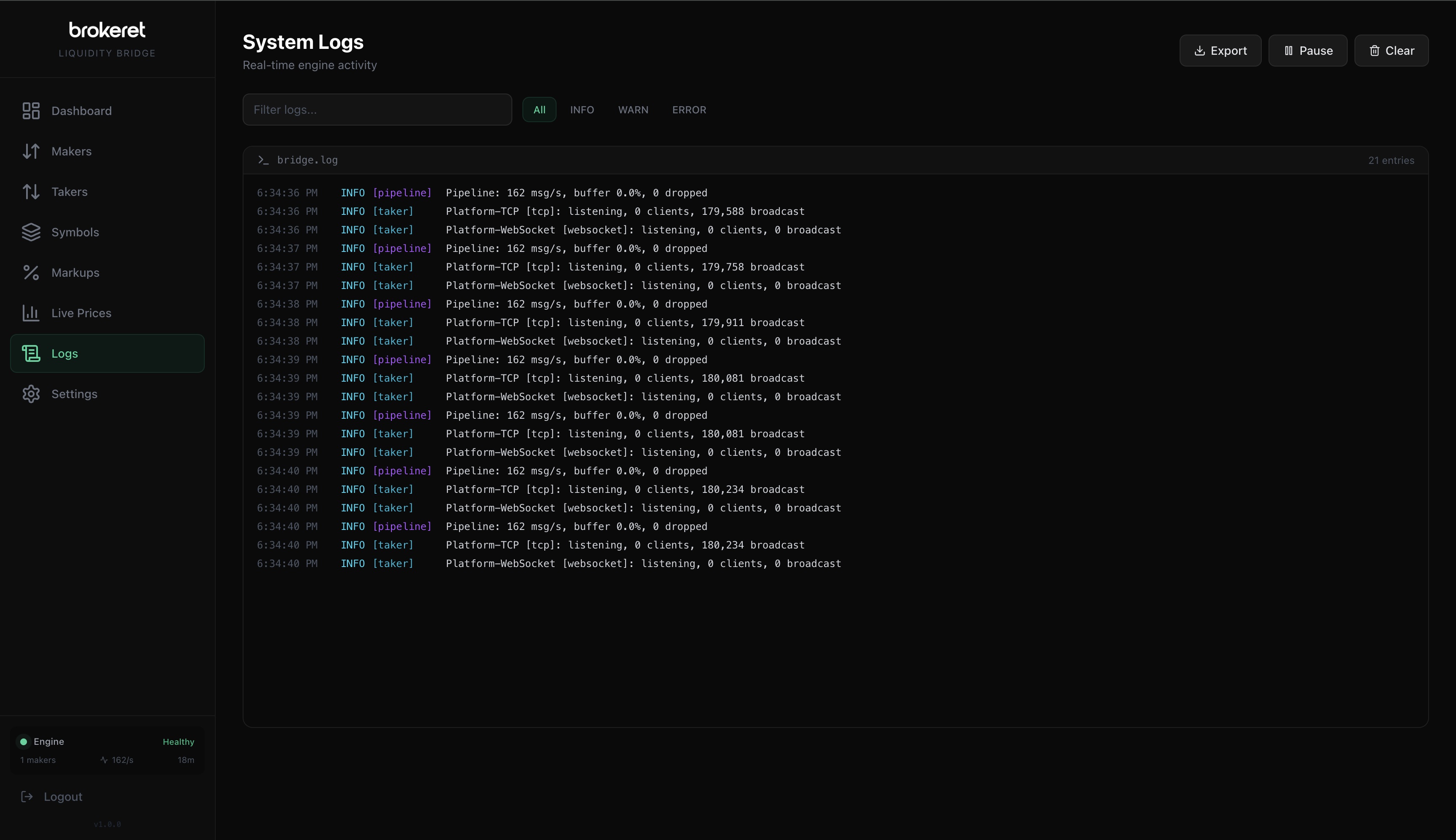 XiroLink System Logs — real-time engine activity and error logging
